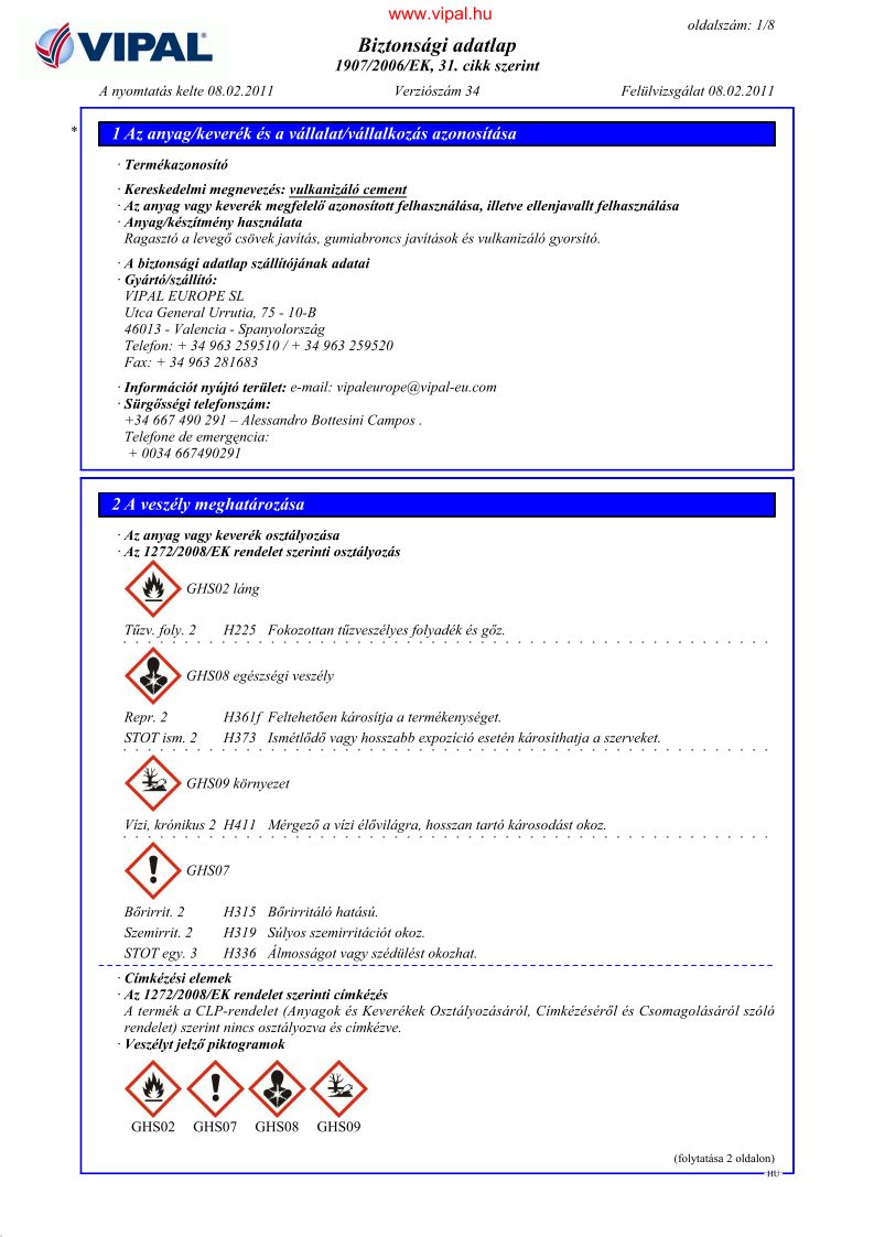 VIPAL Biztons&aacute;gtechnikai adatlapok